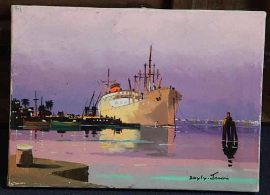 § Cecil Rochfort DOyly John (1906-1993) Freighter in a Mediterranean harbour 10 x 14in. unframed.